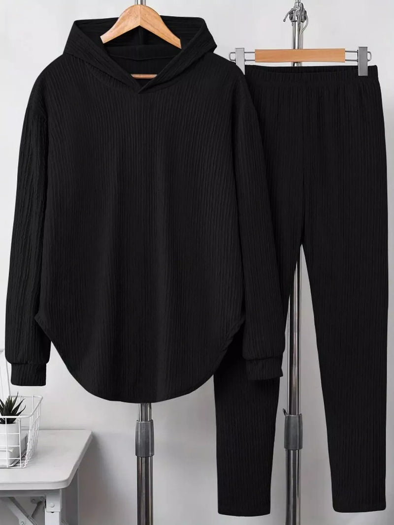 Textured long sleeve hoodie and pants set front view