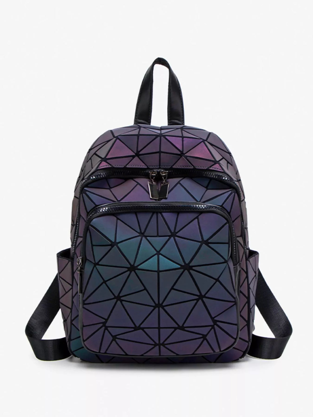 Plum purple geometric backpack shoulder strap detail