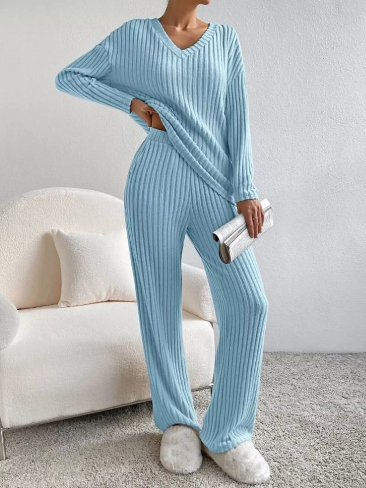 Ribbed Knit V Neck Top and Pants Set, view 19