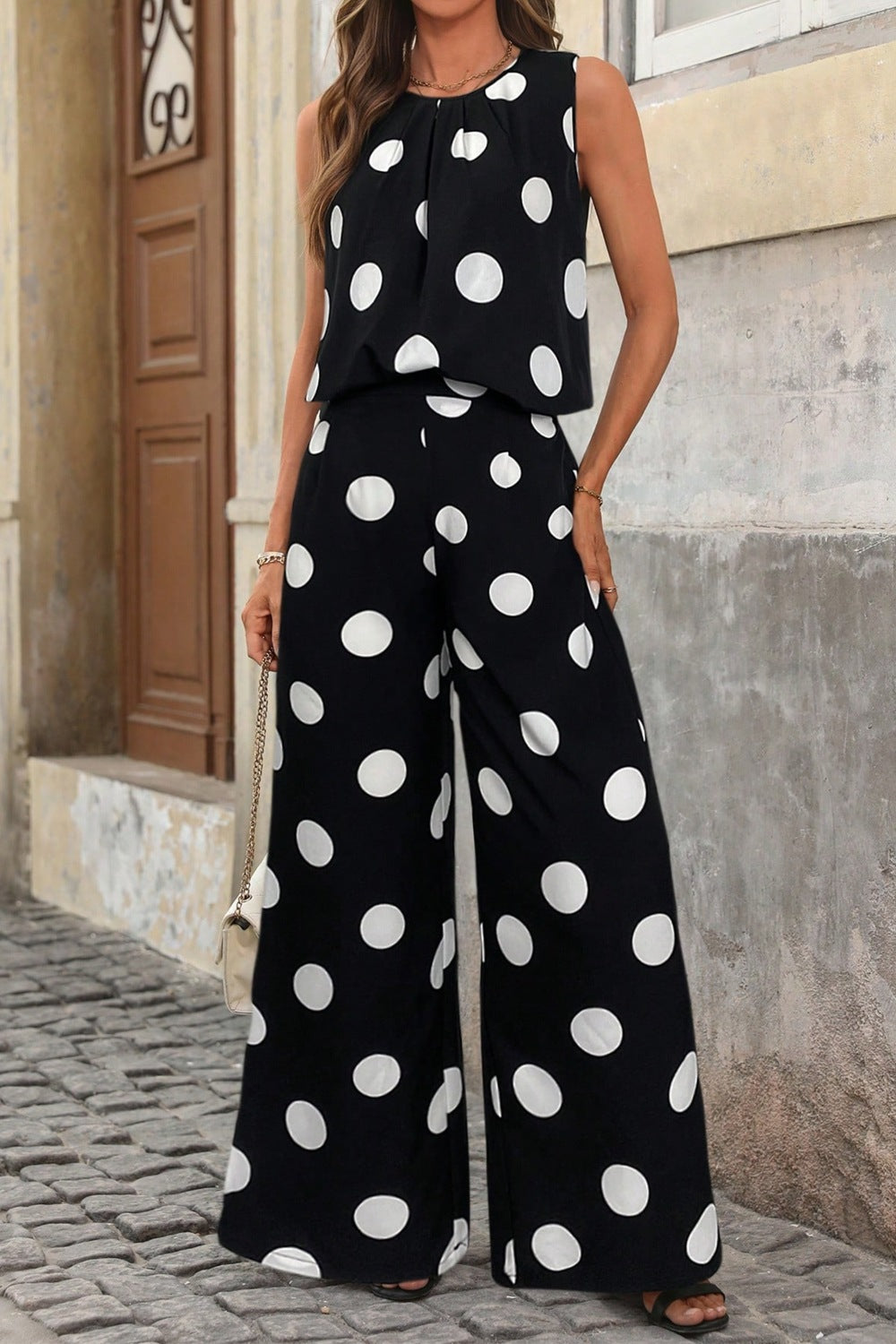 Coordinated polka dot top and pants set side view