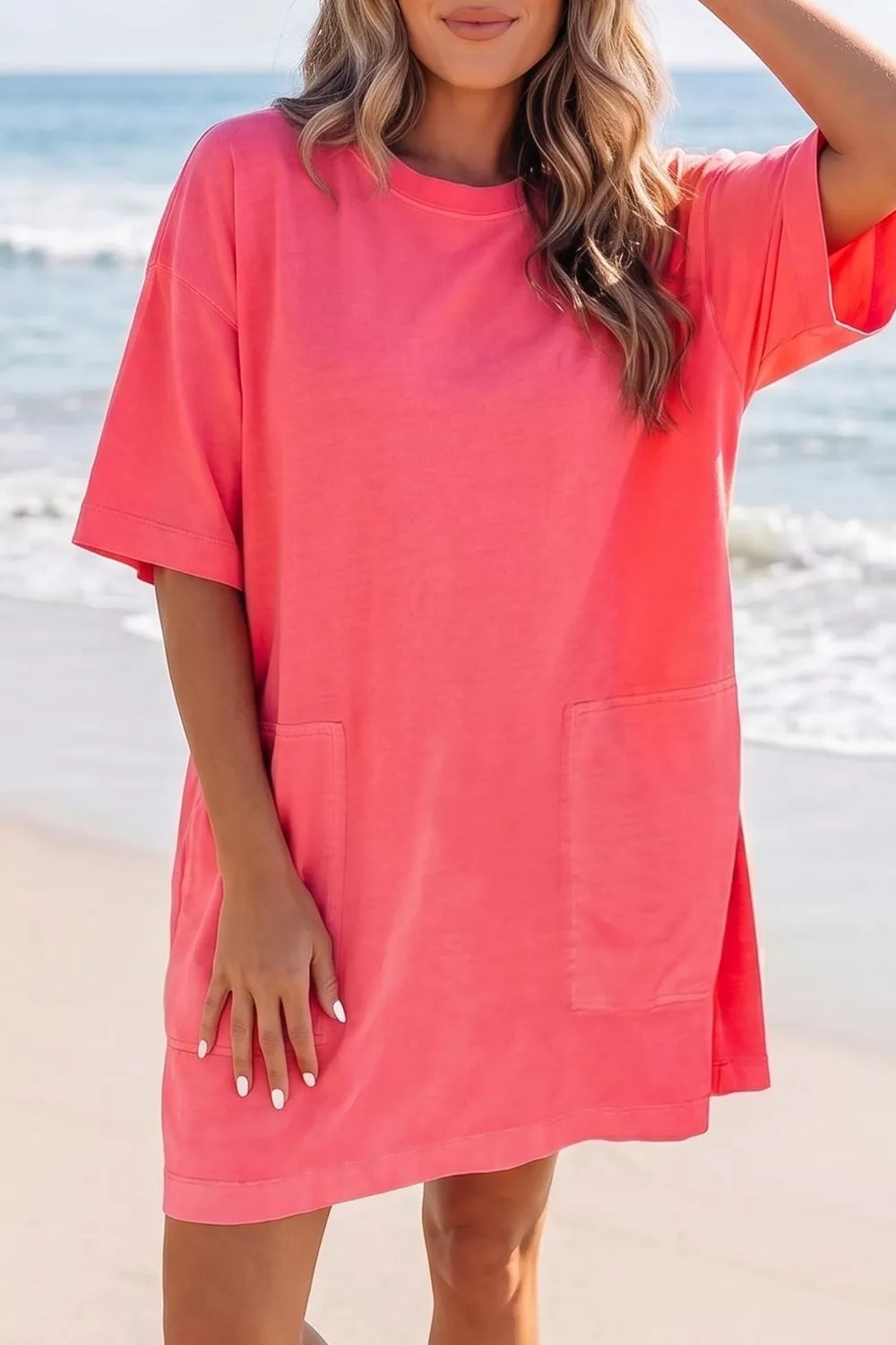 Strawberry coral drop shoulder t shirt mini dress detail view