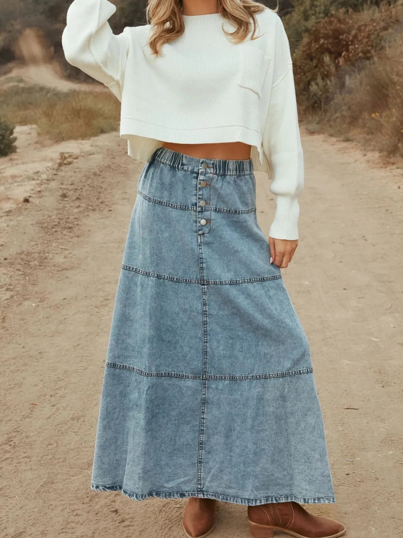 Button-Front Tiered Maxi Denim Skirt - Fashorio