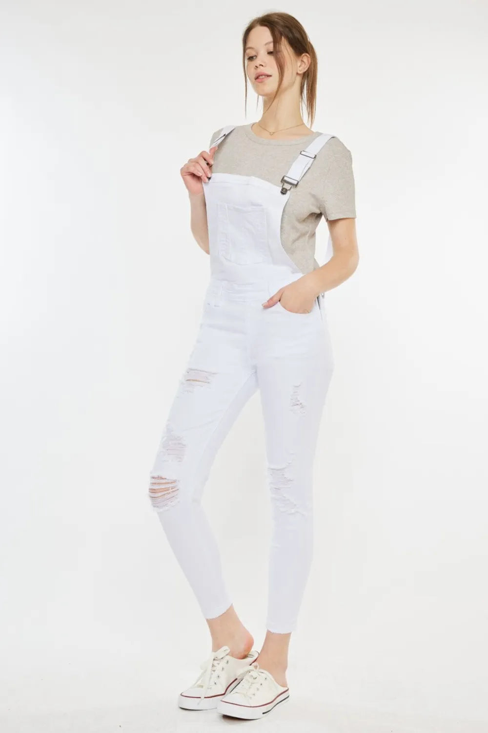 Kancan Distressed Skinny Denim Overalls White - Fashorio