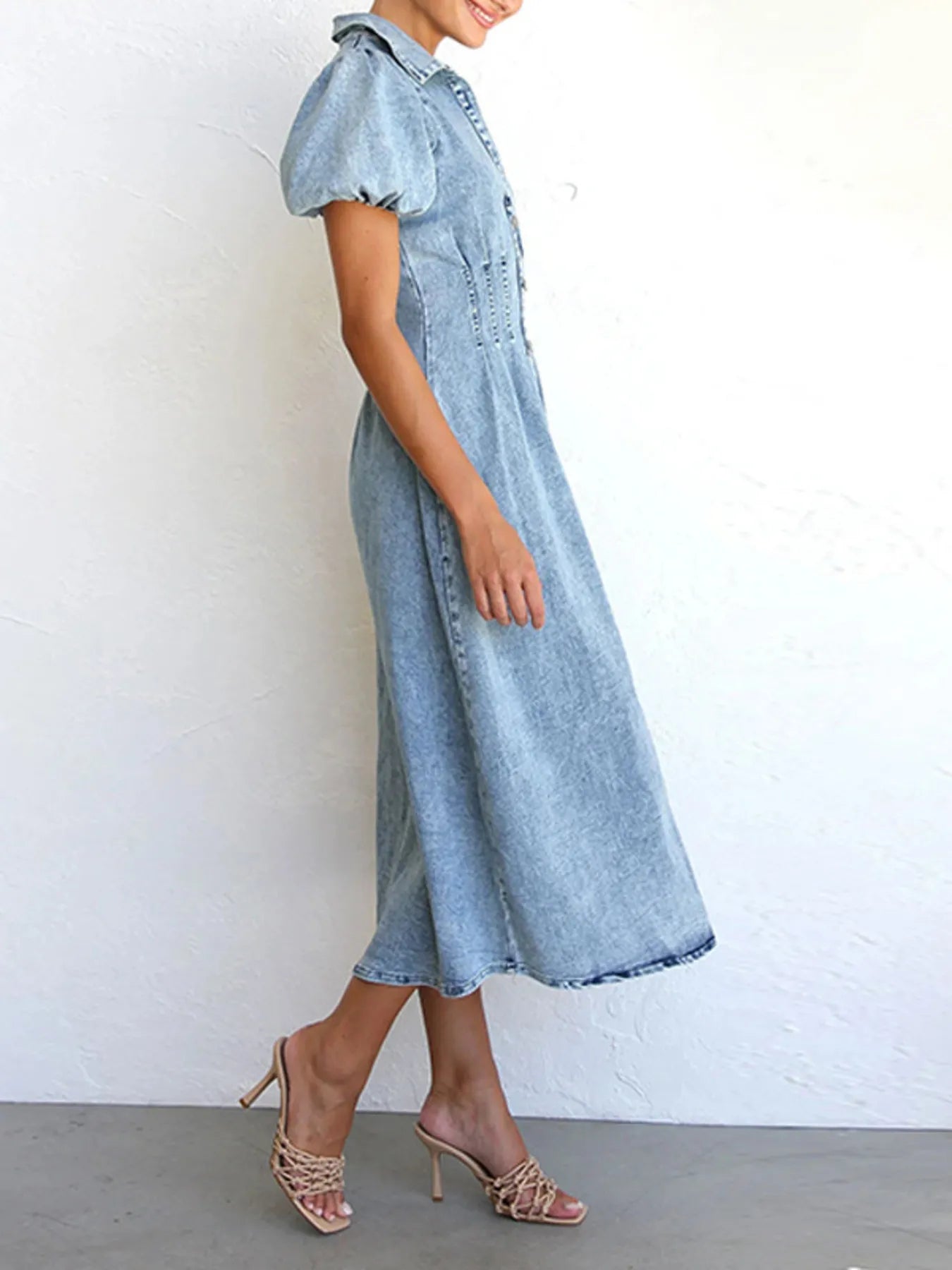 Puff Sleeve Button Front Denim Midi Dress - Fashorio