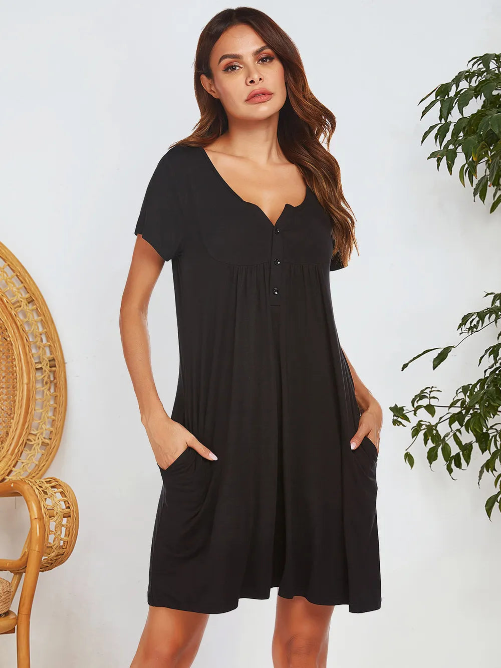Notched Short Sleeve Mini Lounge Dress - Fashorio