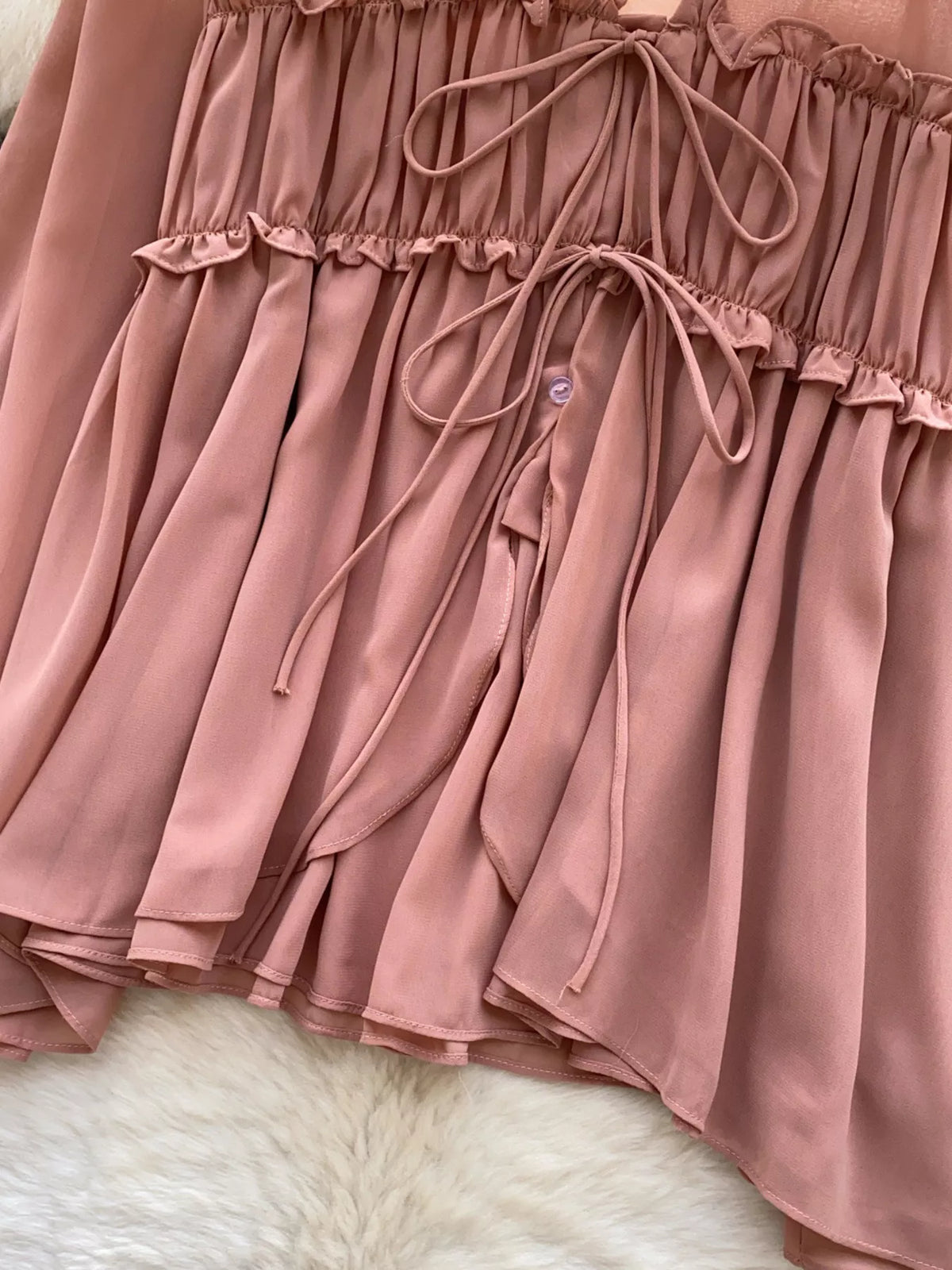 Ruffle tie front chiffon blouse, close up