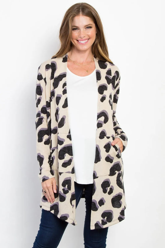 Be Stage Printed Open Front Knit Cardigan with Pockets Taupe - Fashorio