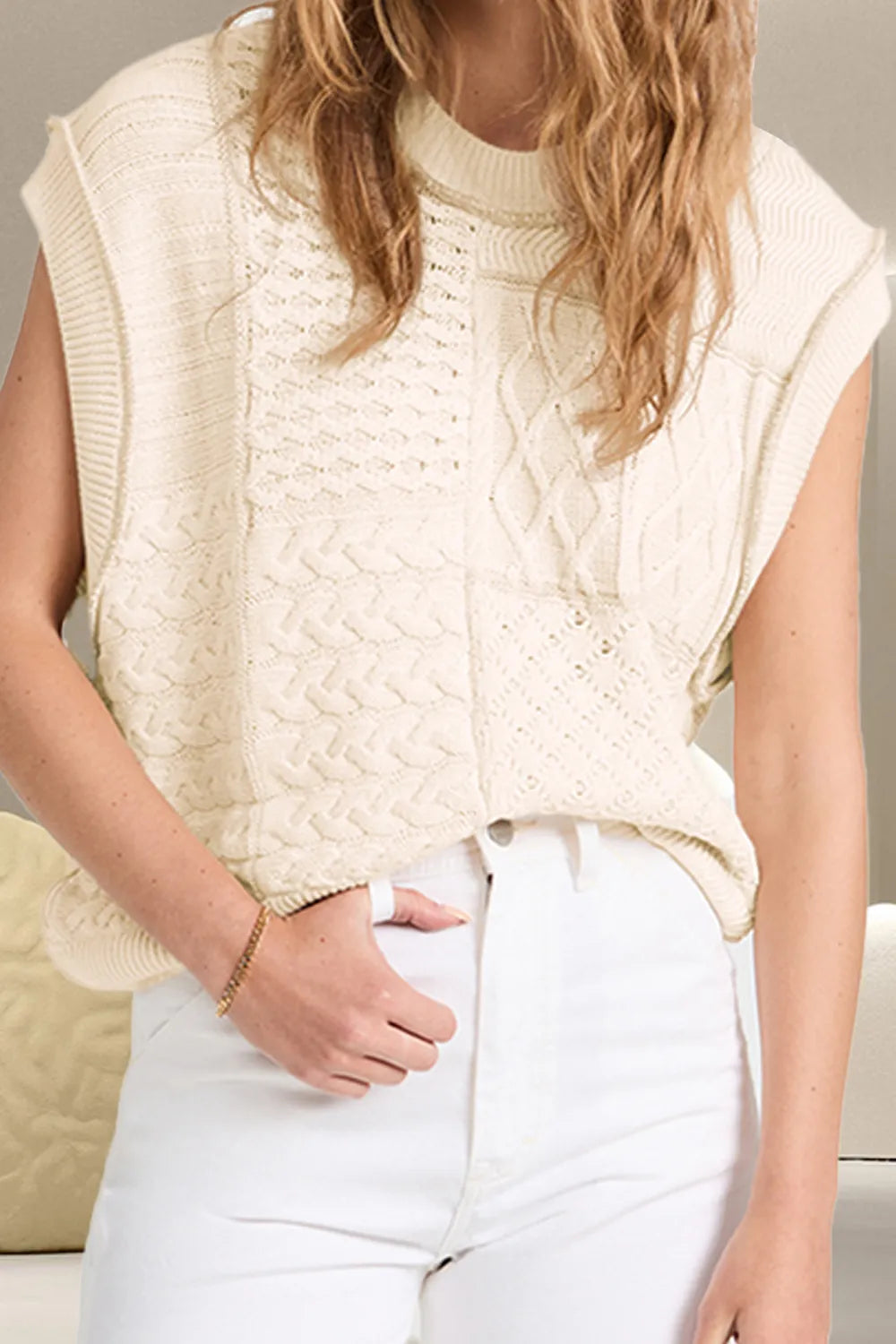 Cable Knit Round Neck Sweater Vest in Ivory