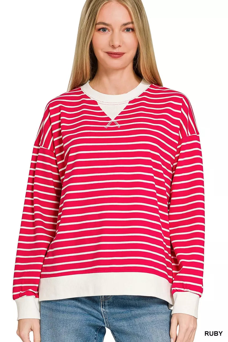 Zenana contrast striped round neck sweatshirt in ruby