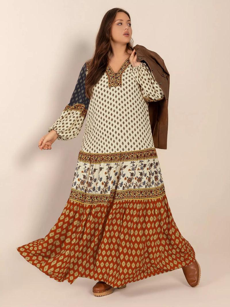 Plus size notched balloon sleeve maxi dress in caramel, front view