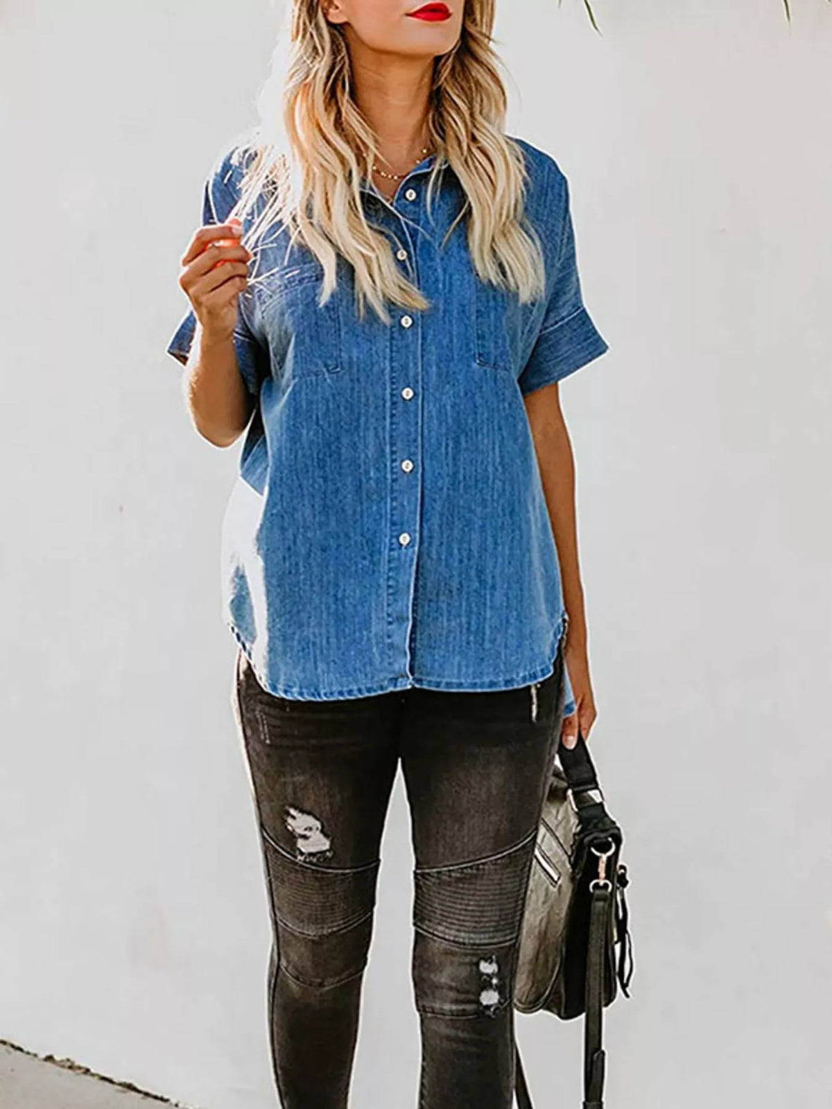 denim short sleeve button front shirt fabric detail