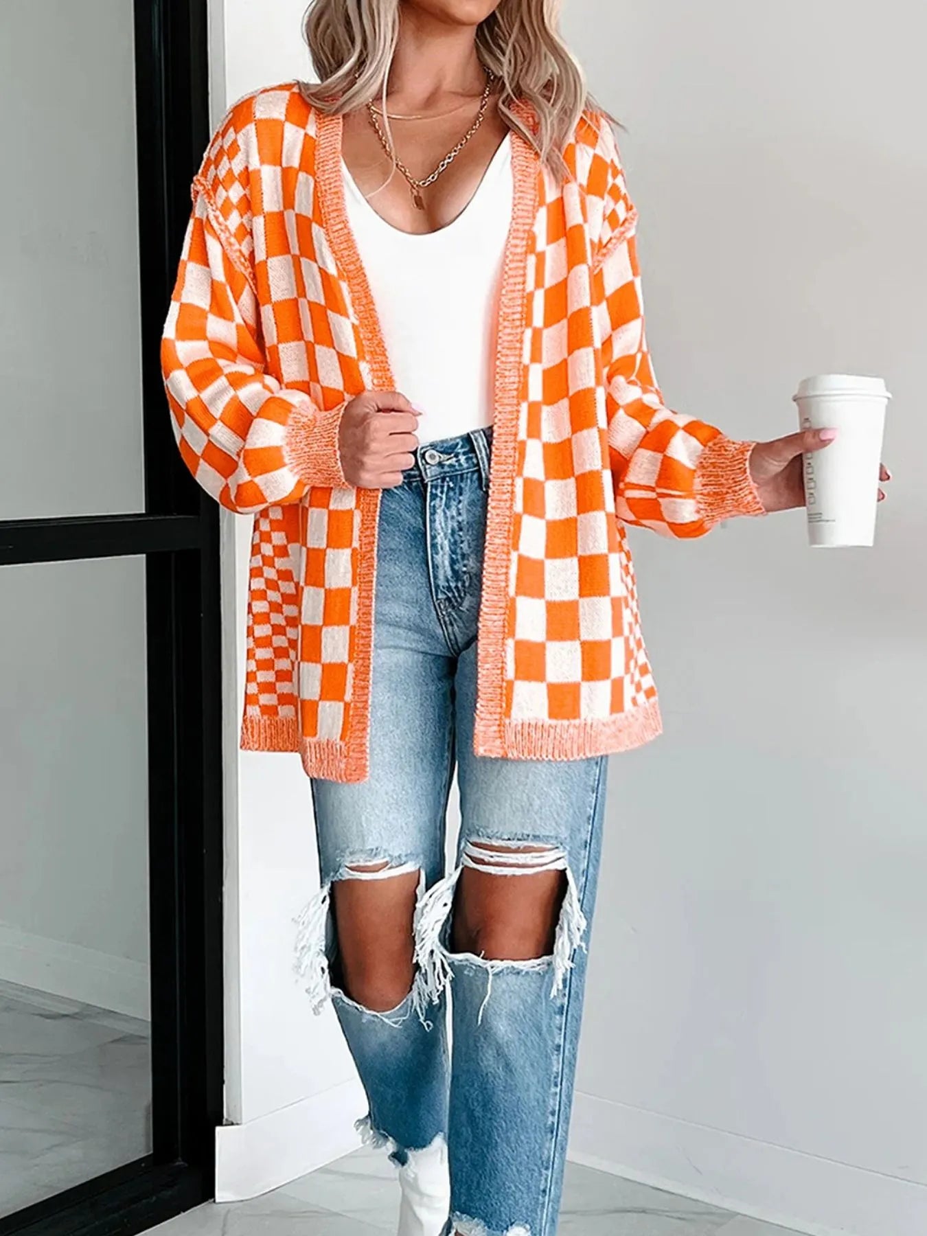 Checkered Pattern Open Front Cardigan - Fashorio