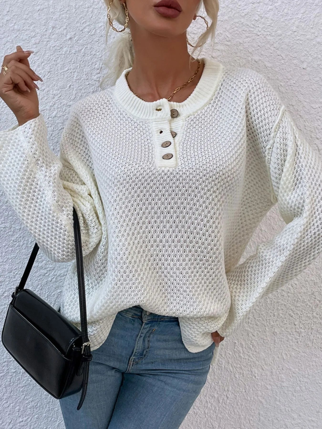 Button Detail Long Sleeve Knit Top White - Fashorio