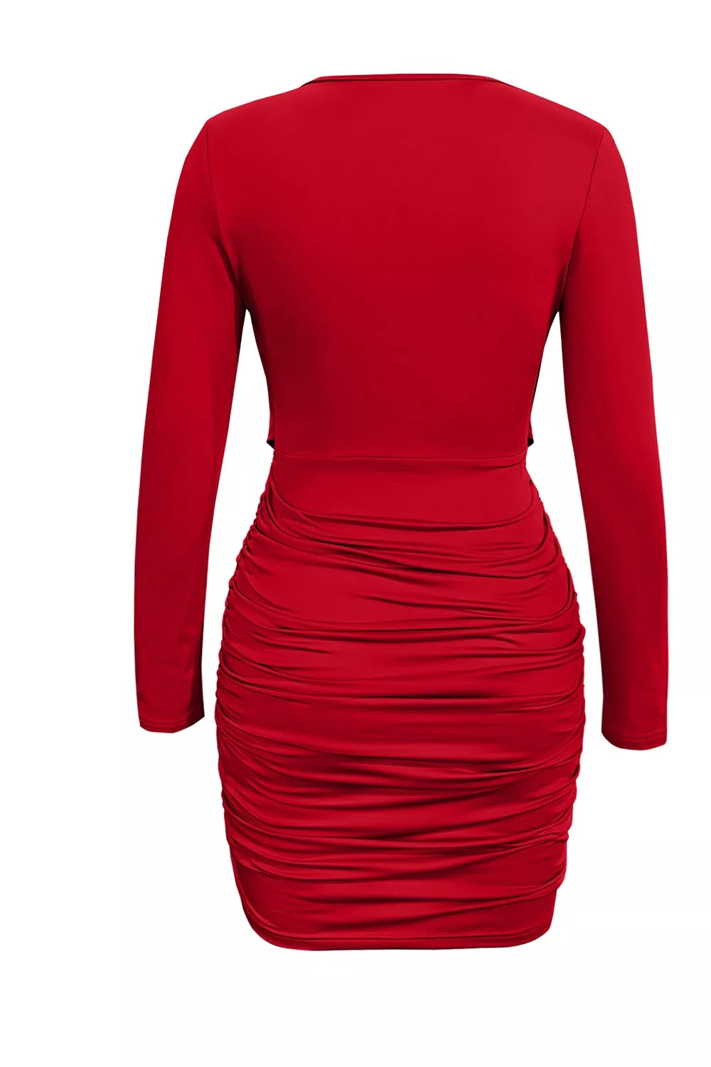Ruched cowl neck long sleeve mini dress, flat lay