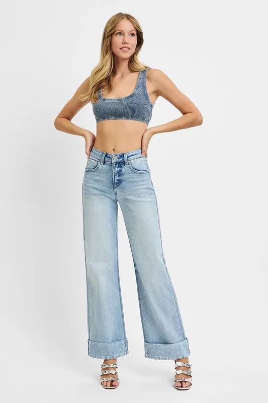 RISEN womens light wash wide cuffed jeans styled outfit