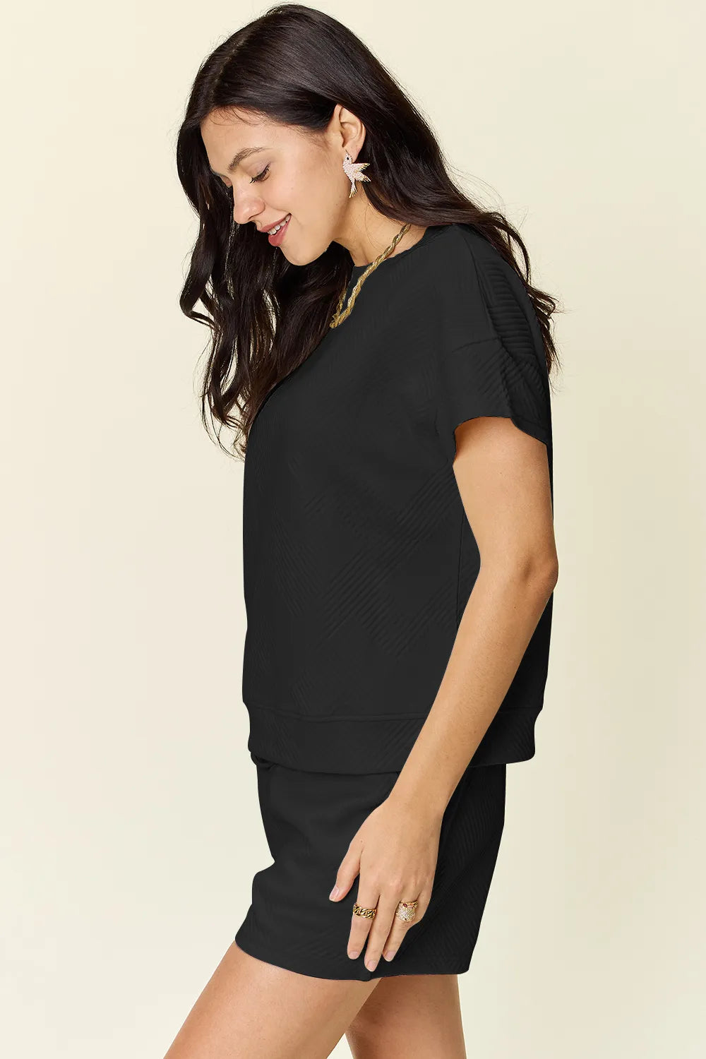 Double Take Full Size Texture Short Sleeve T-Shirt and Drawstring Shorts Set - Fashorio