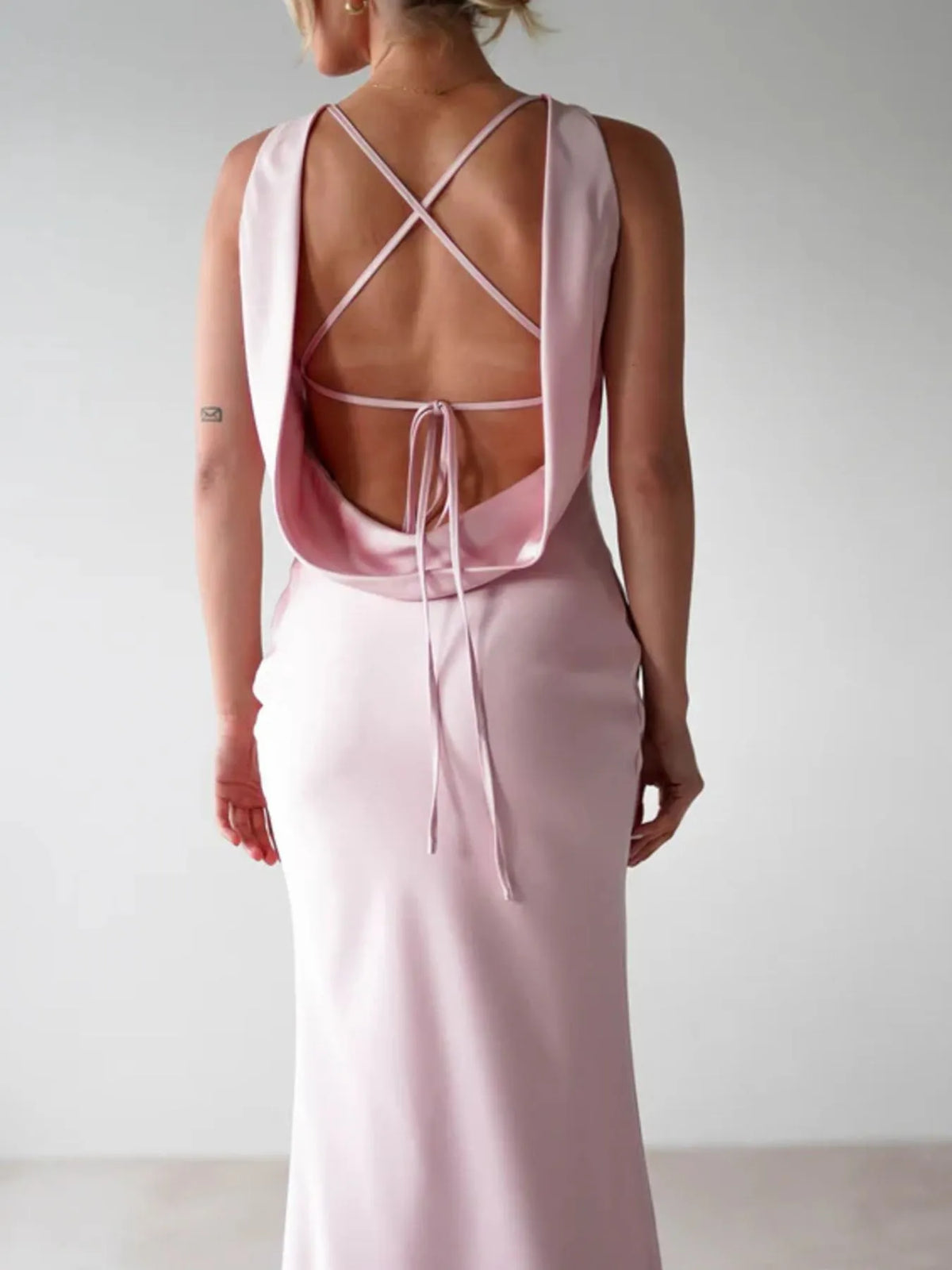Satin Sleeveless Maxi Dress, neckline detail