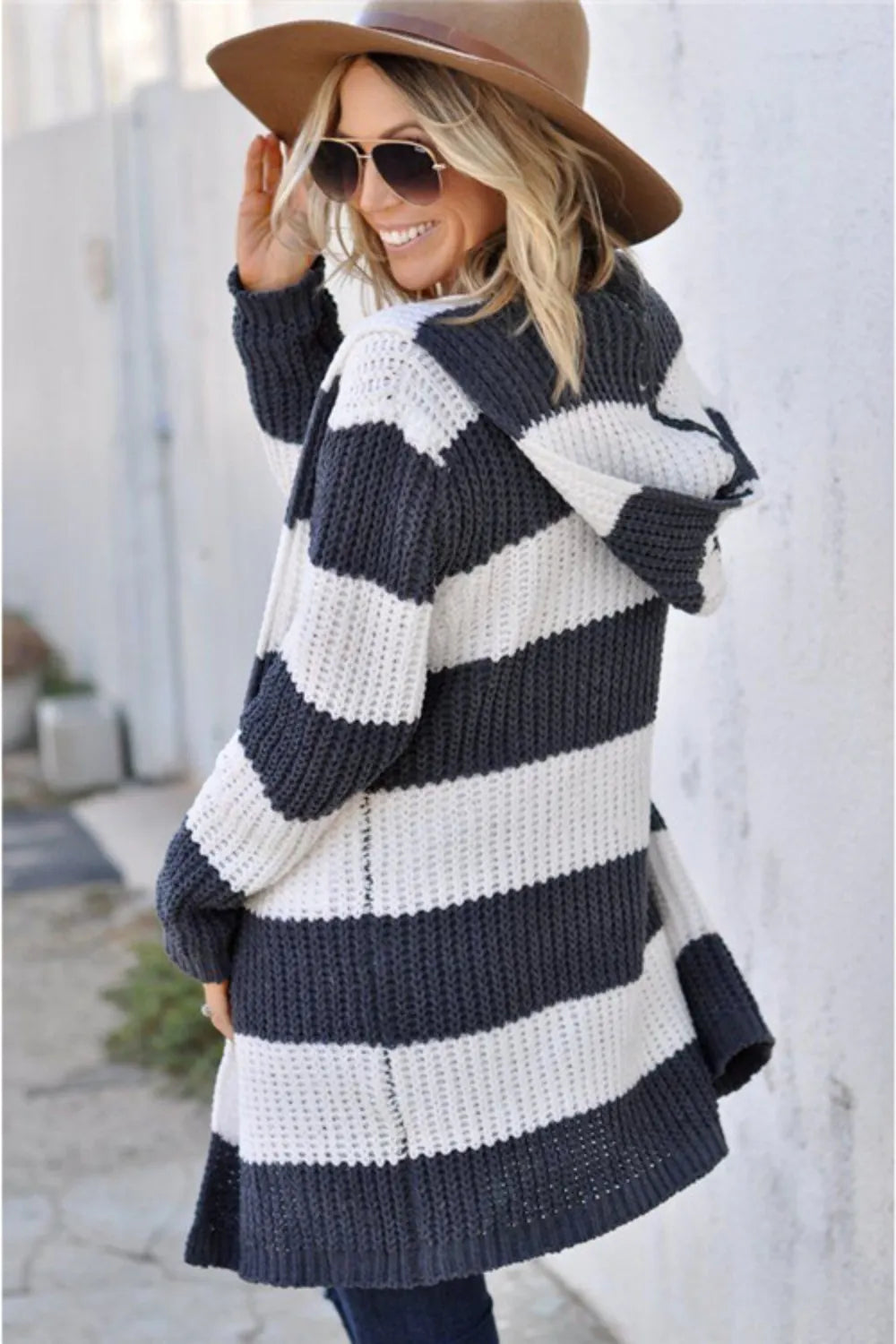Contrast Stripes Open Front Long Sleeve Cardigan - Fashorio