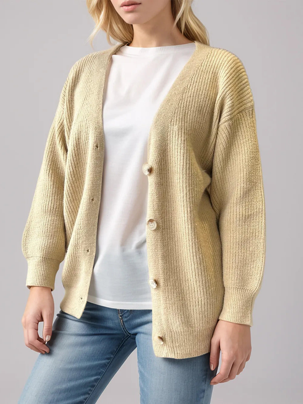 Button Down V-Neck Long Sleeve Cardigan - Fashorio