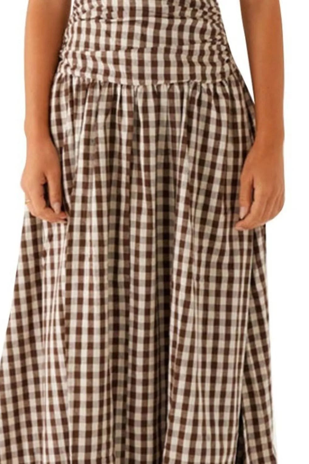 Strapless maxi dress side view showing drape