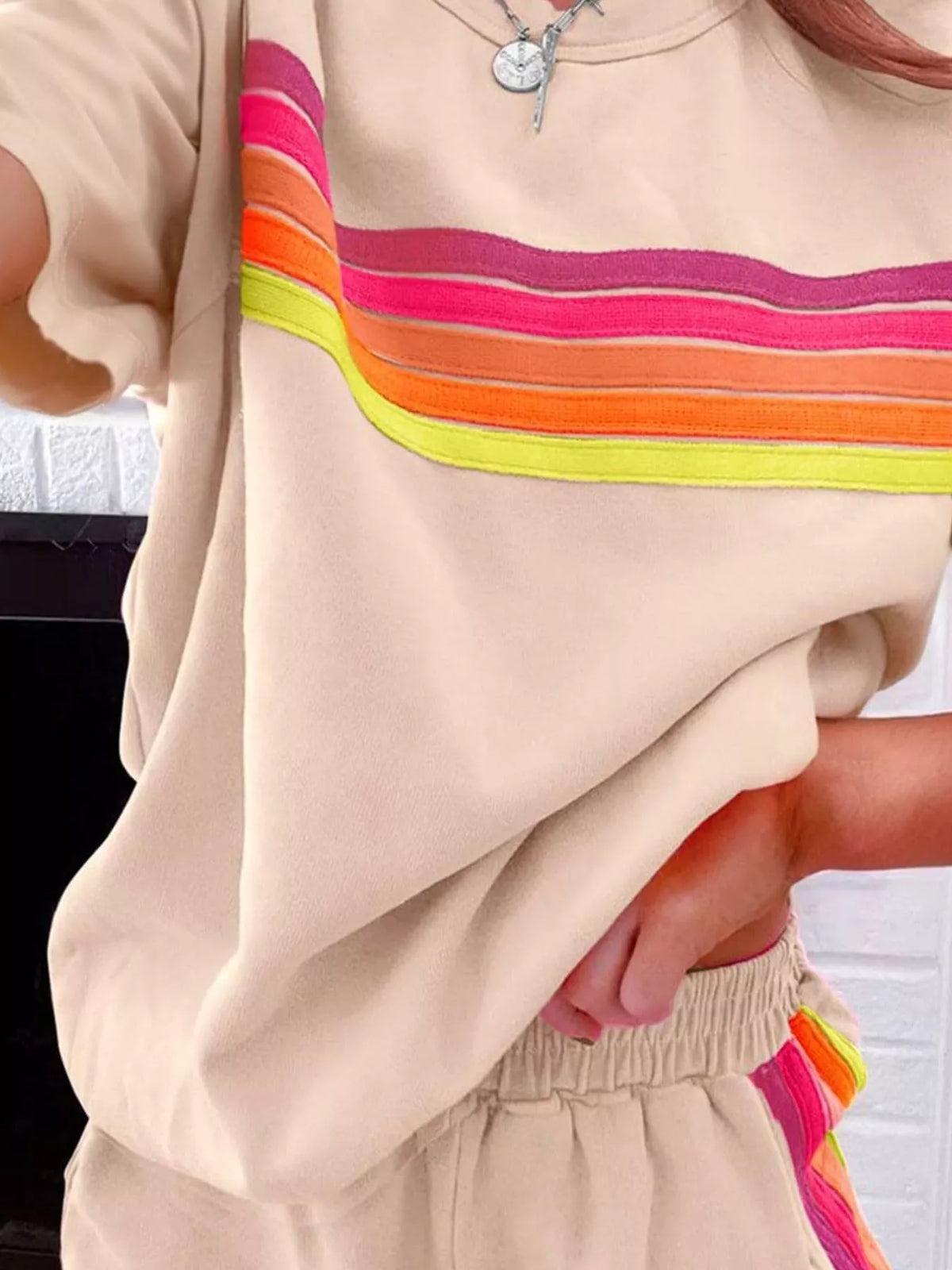 Rainbow Striped Round Neck Top and Shorts Set, view 15