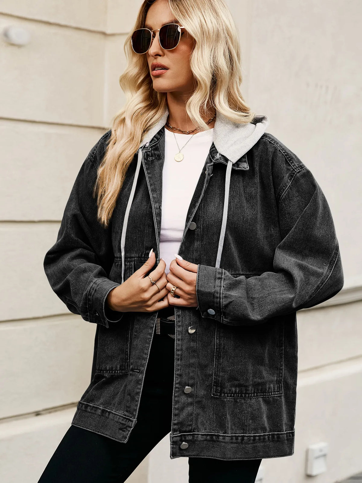Oversized Hooded Denim Jacket in Light Blue view 13