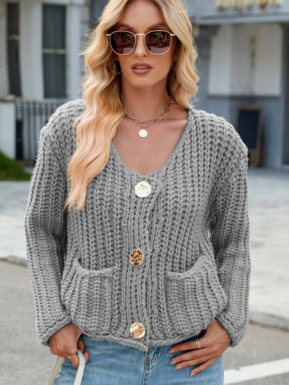 Round Neck Button Up Cardigan with Pockets Gray - Fashorio