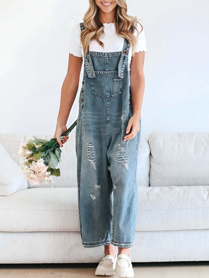 Distressed wide leg denim overalls front