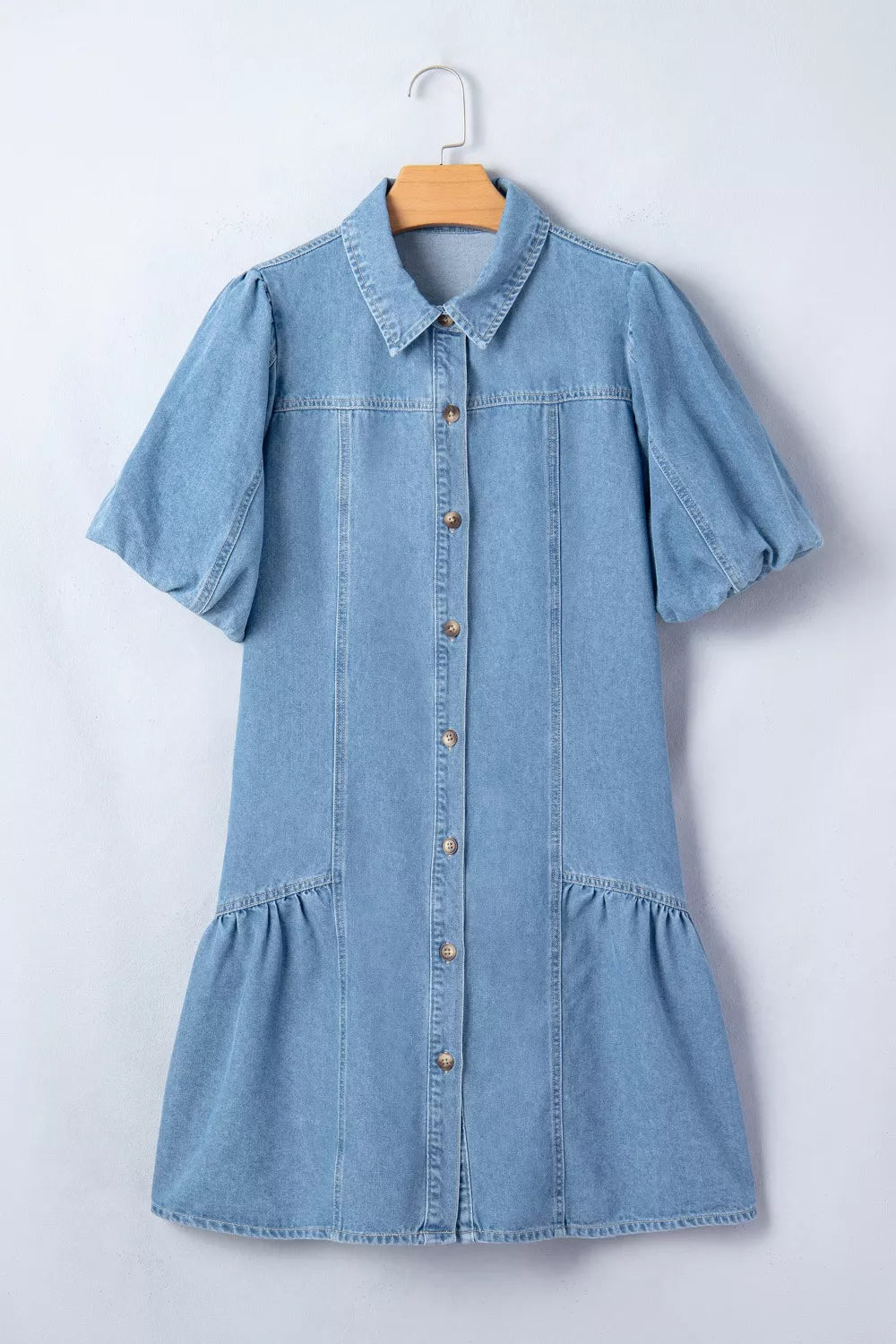 light wash puff sleeve ruffle hem denim dress full length view