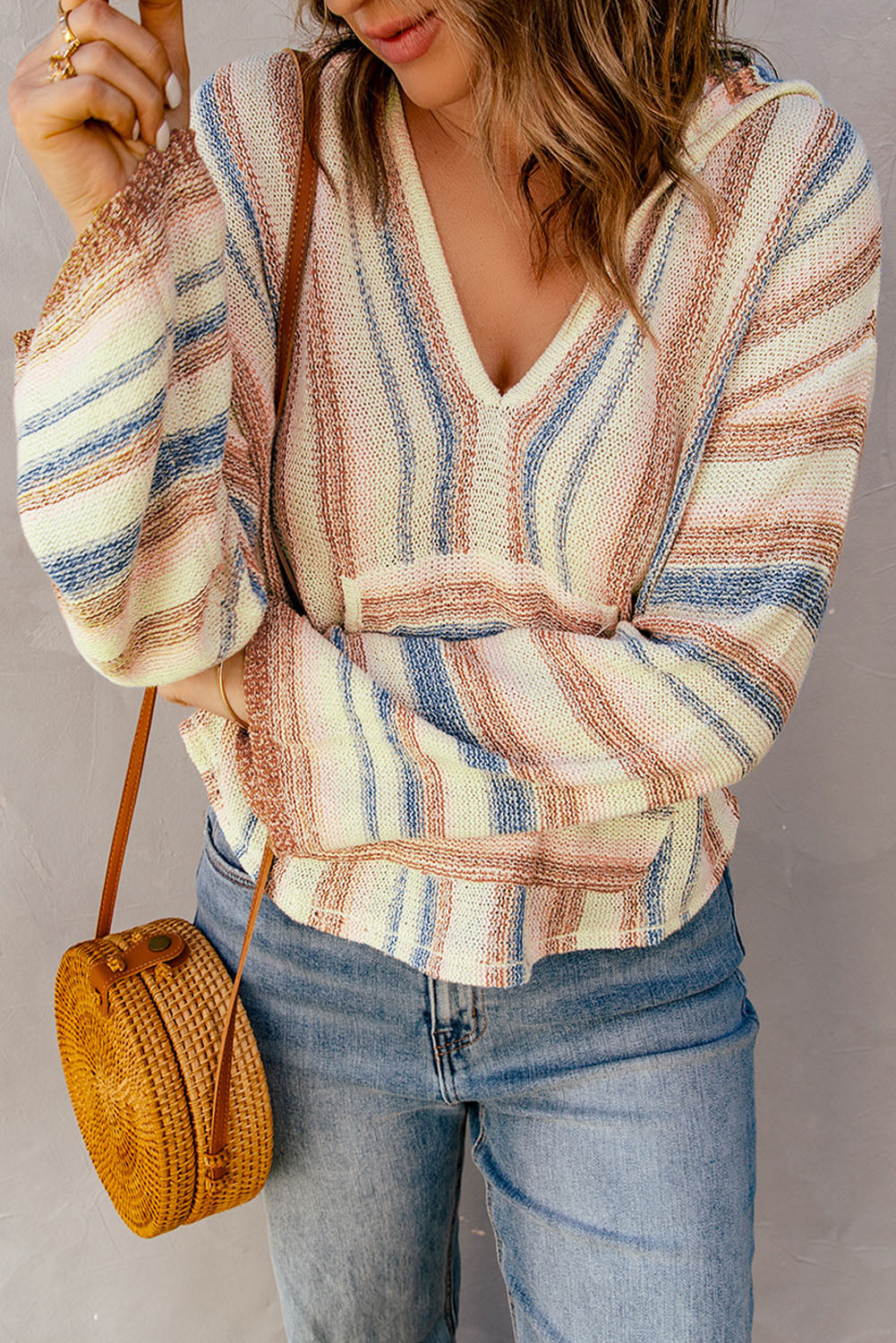 Striped Hooded Sweater with Kangaroo Pocket - Fashorio