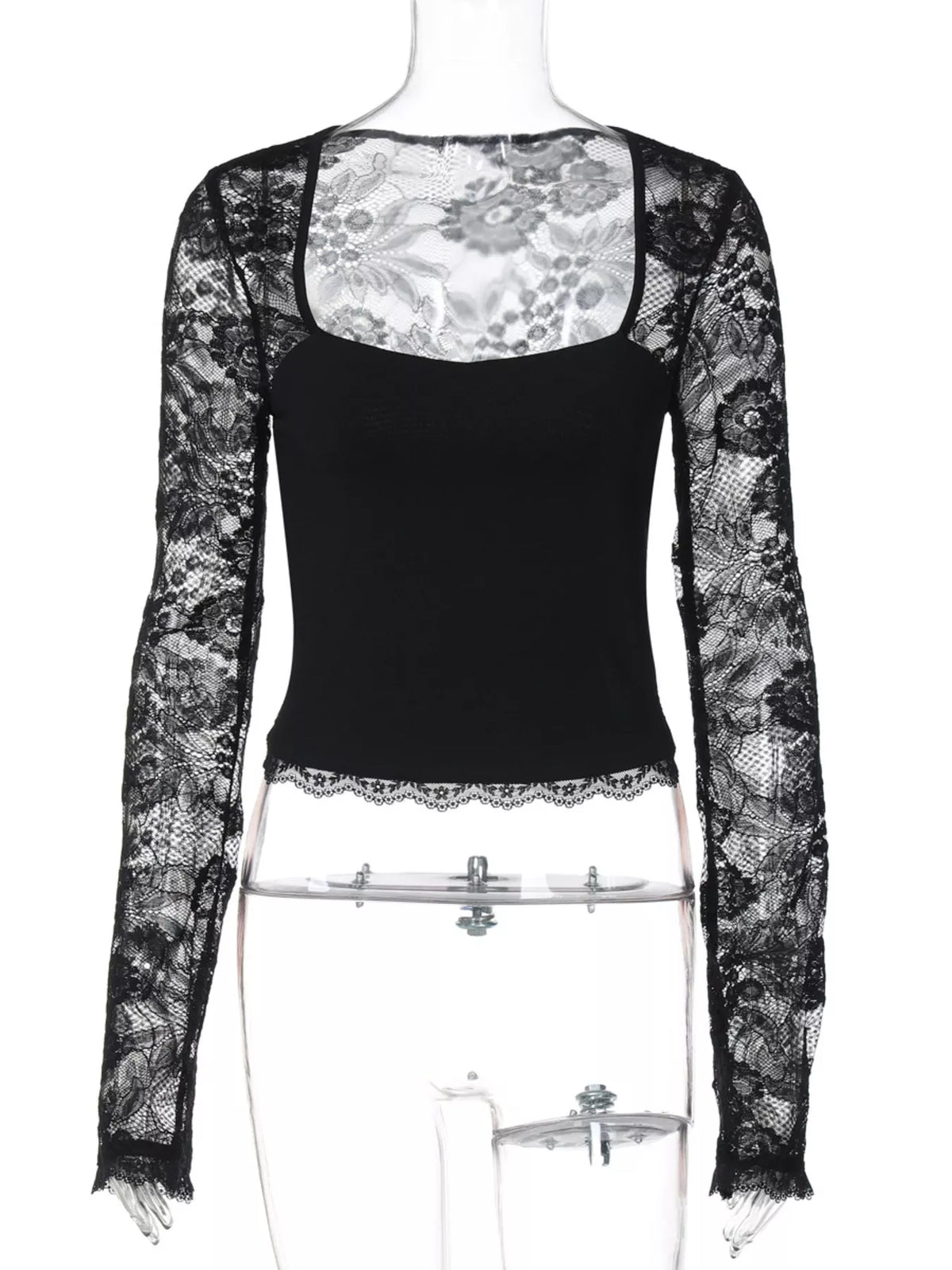 The lace sleeve tee shown in a black colorway
