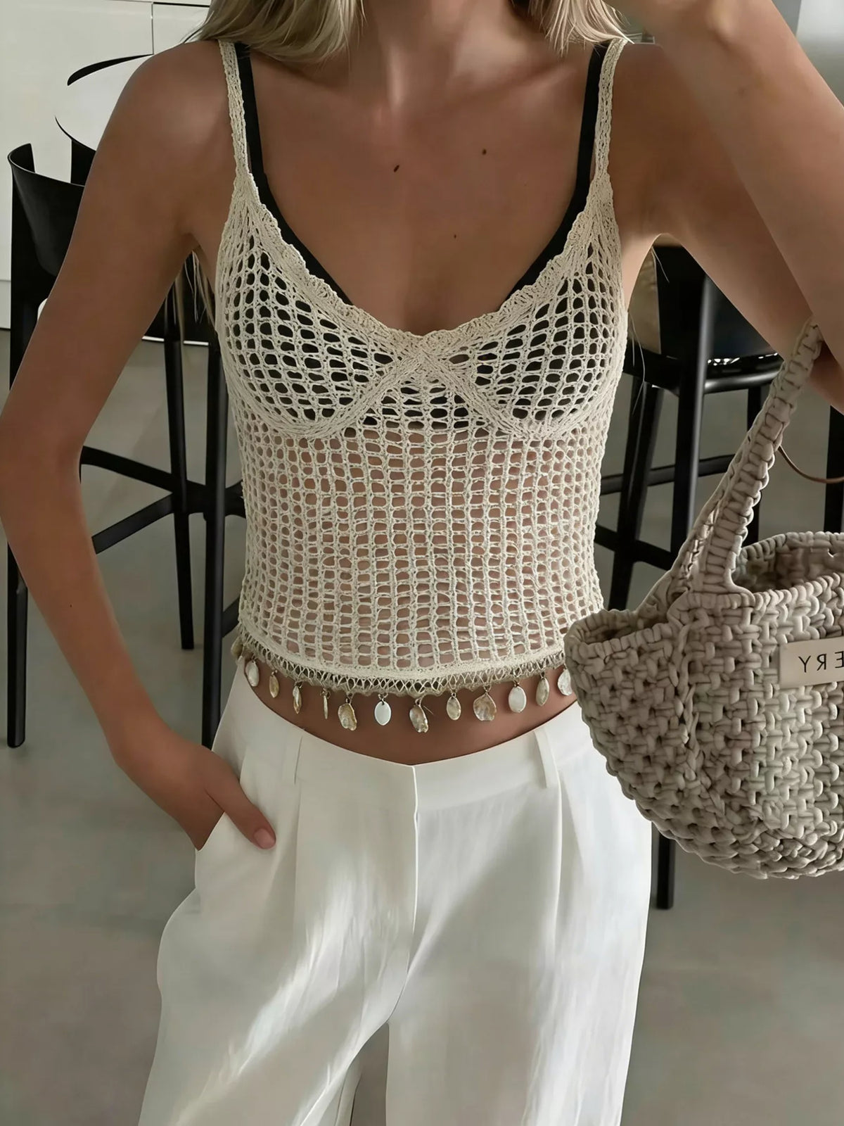 Crochet Knit Shell Hem Cami Top detail view