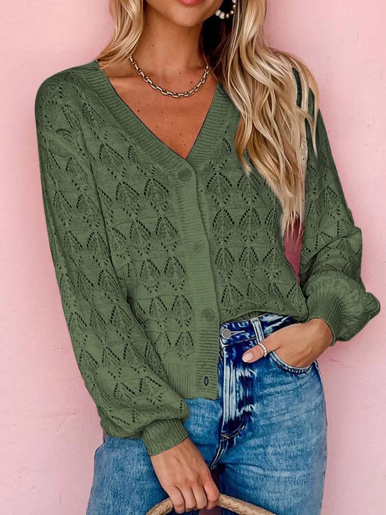 Openwork Button Up Cardigan - Fashorio