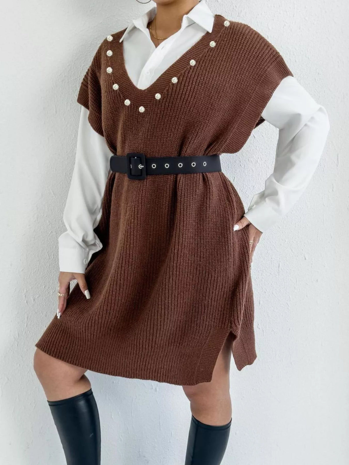 slit v neck sweater dress side view