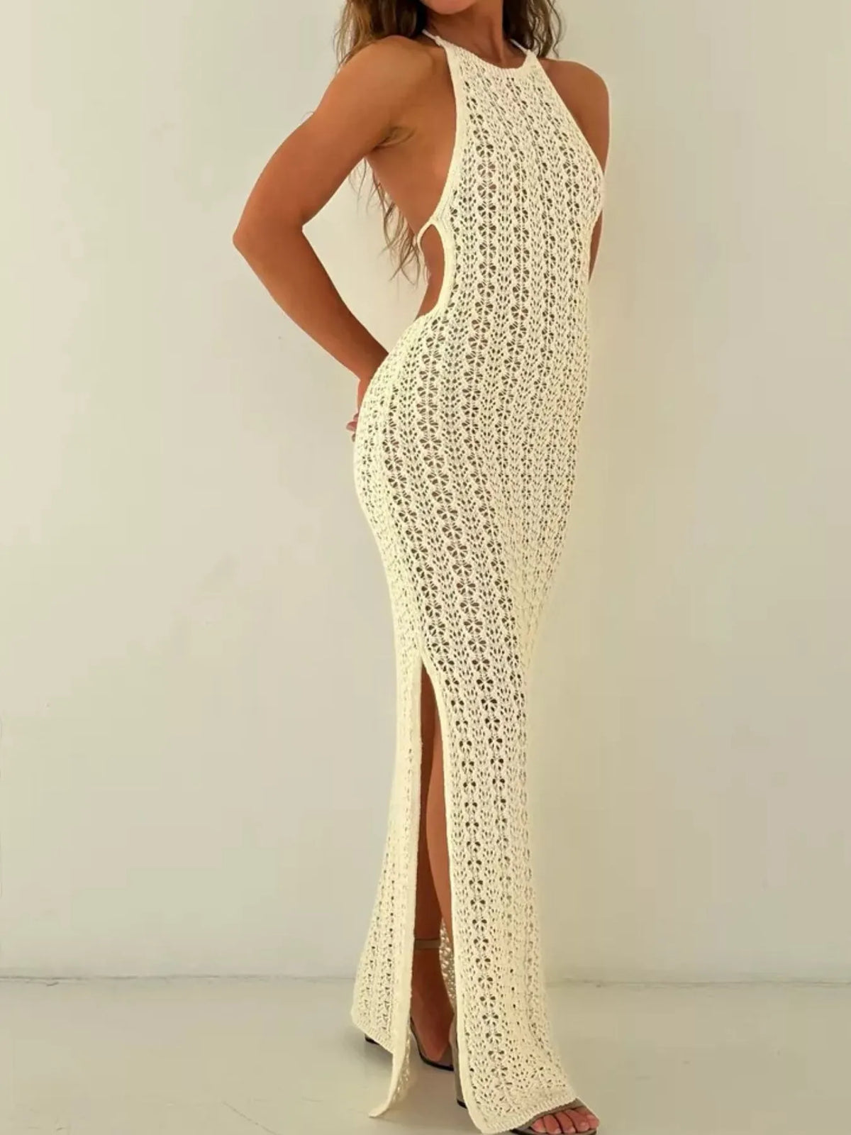 Crochet halter cover up maxi dress knit texture close up