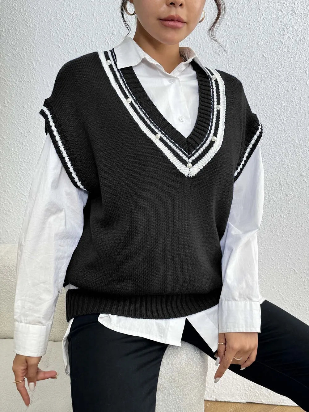 Pearl Trim Contrast V Neck Sweater Vest in Brown view 9