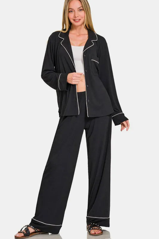 Zenana Button Down Long Sleeve Top and Pants Lounge Set Black - Fashorio