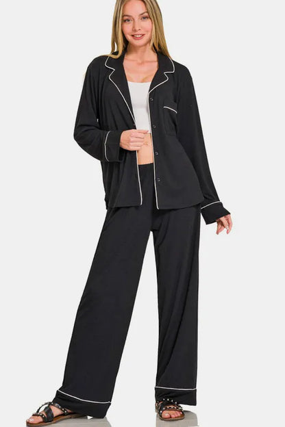 Zenana Button Down Long Sleeve Top and Pants Lounge Set Black - Fashorio