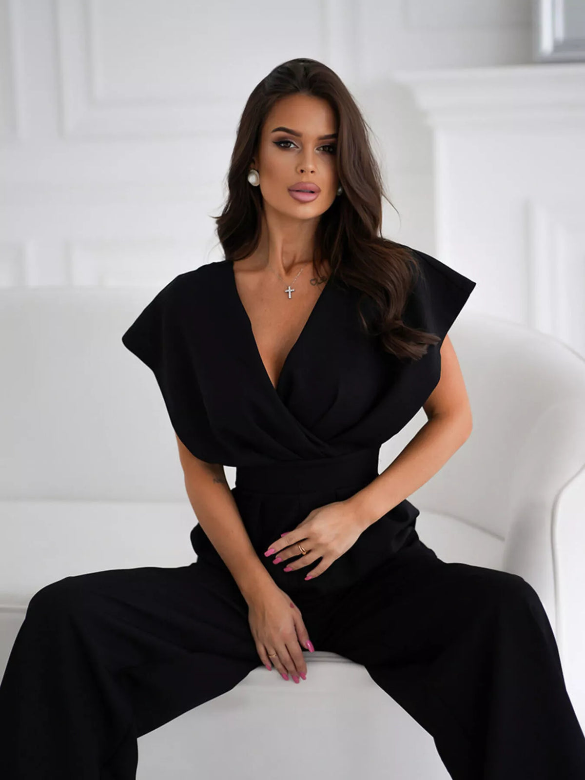 Surplice wide leg jumpsuit front view