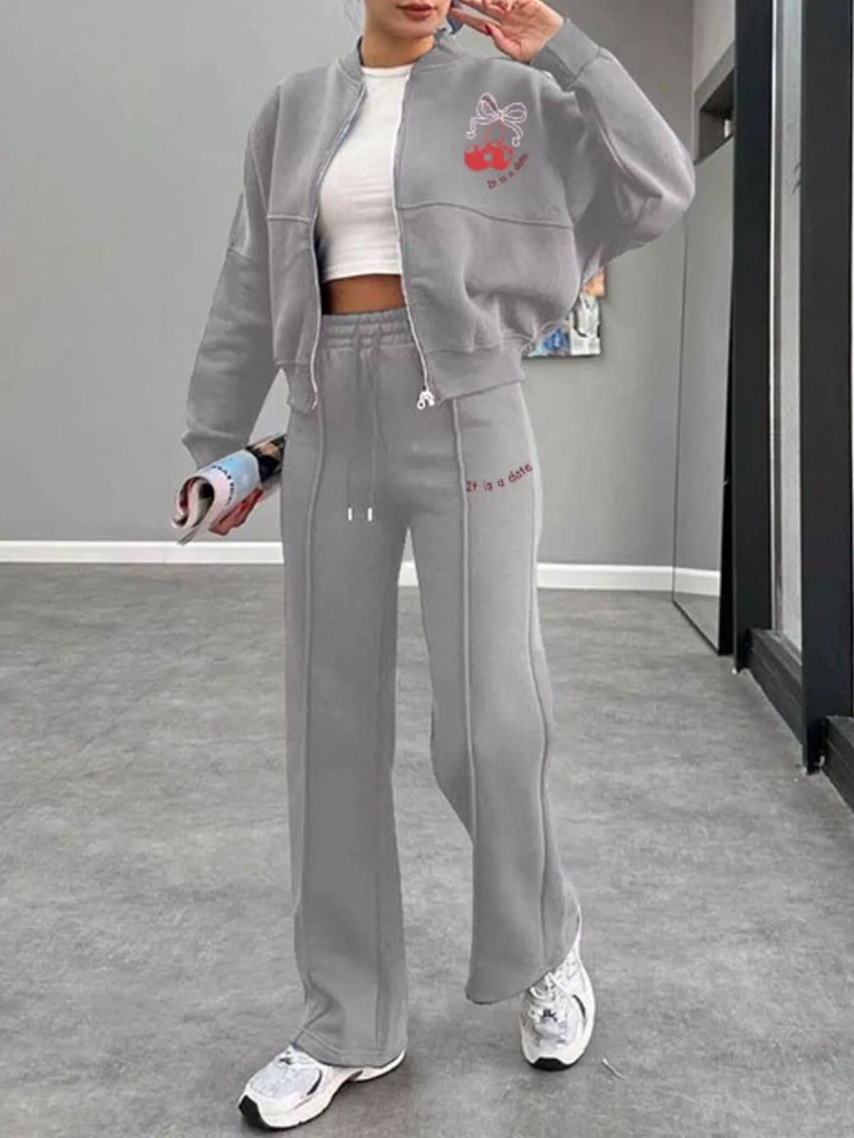 Zip Up Dropped Shoulder Jacket and Pants Set, view 23