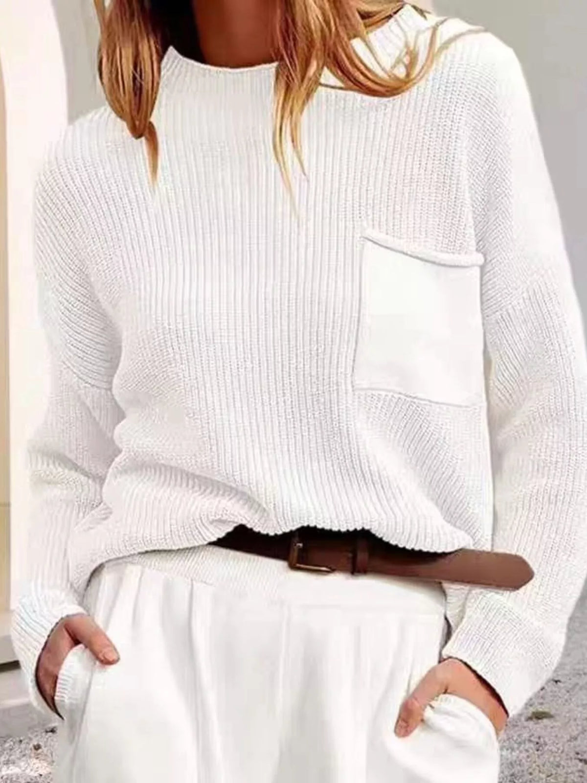 pocket detail dropped shoulder ribbed sweater front view