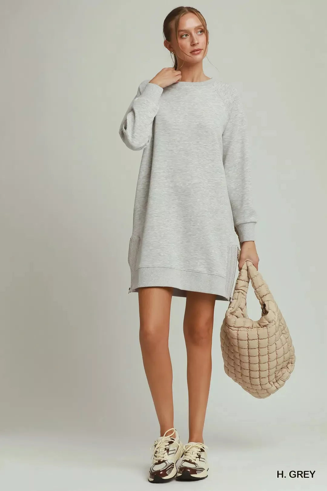 Umgee heather grey sweatshirt dress styled view
