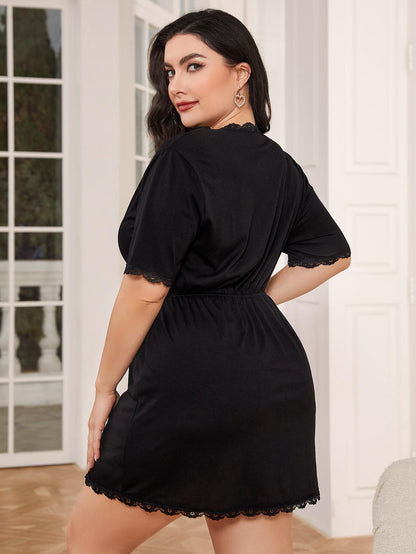 Plus Size Lace Trim Deep V Night Dress - Fashorio