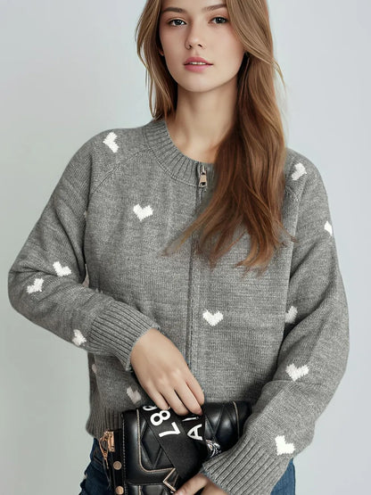 Heart Round Neck Zip Up Cardigan - Fashorio