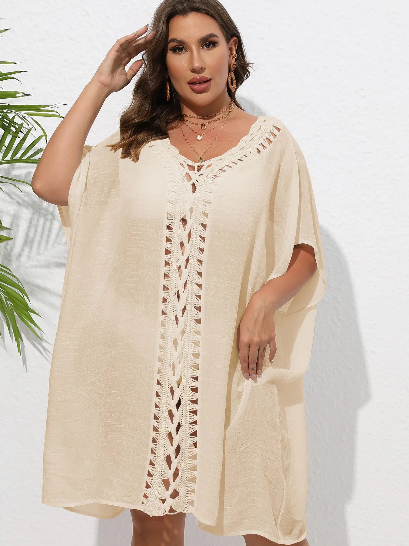 Crochet Trim V-Neck Beach Cover Up Dress Apricot One Size - Fashorio