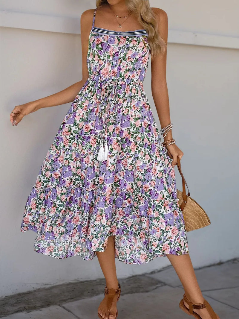 Printed sleeveless tiered button midi dress front view