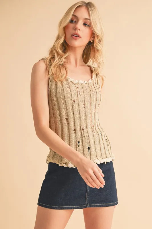 Distressed knit tank full length on model