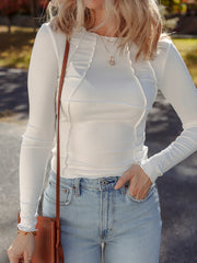 Exposed Seam Slim Fit Long Sleeve Top White - Fashorio