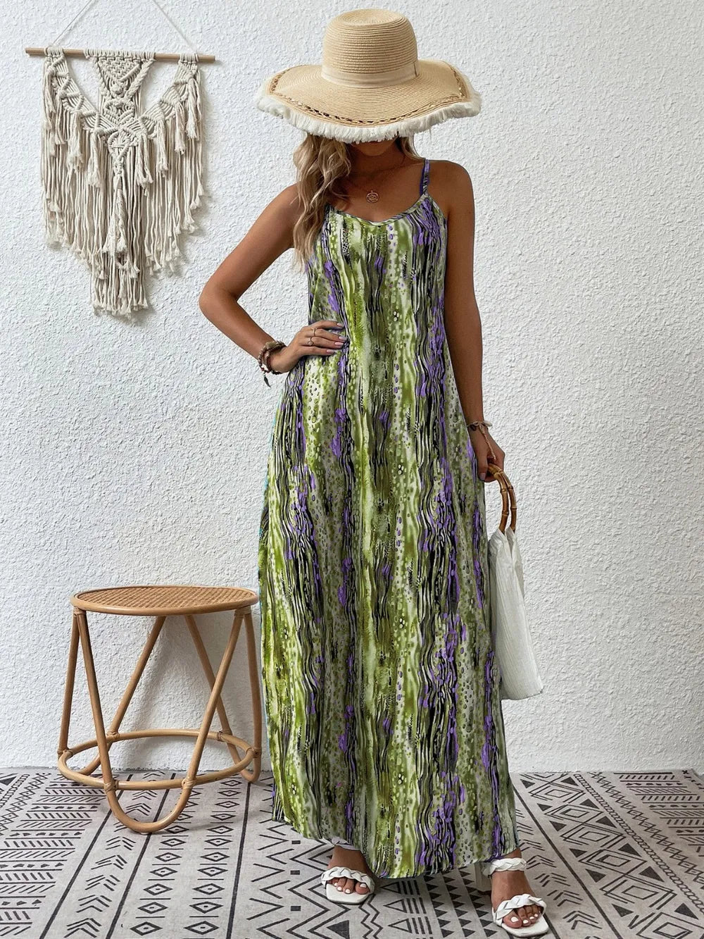 Printed scoop neck maxi cami dress back view