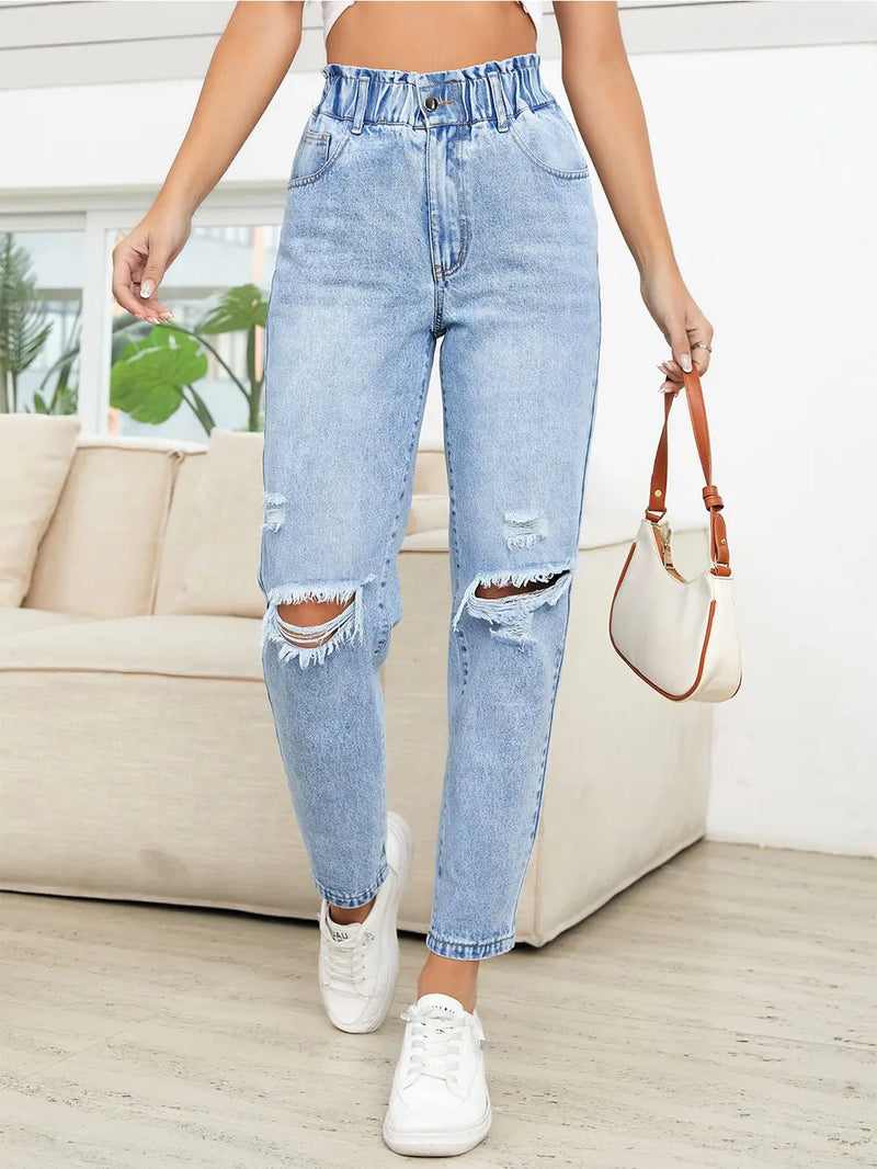Distressed high waist jeans front view